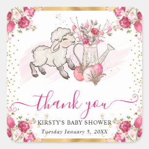 Watercolor Pink Flowers Spring Lamb Baby Shower Square Sticker