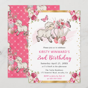 Watercolor Pink Flowers Spring Lamb Birthday Invitation