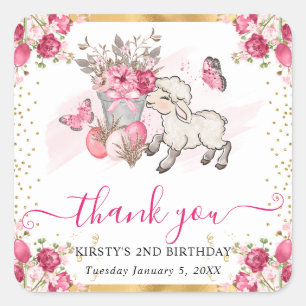 Watercolor Pink Flowers Spring Lamb Birthday Square Sticker