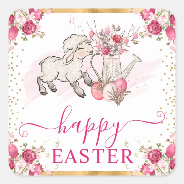 Watercolor Pink Flowers Spring Lamb Easter Square Sticker (Front)