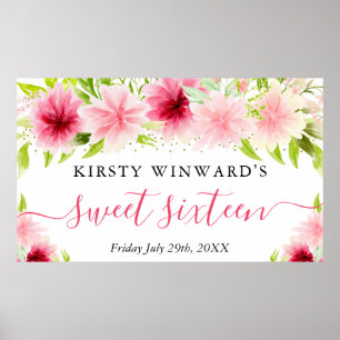 Watercolor Pink Flowers Sweet Sixteen Welcome Poster