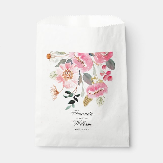 Watercolor Pink Flowers Wedding Favour Bag (Front)