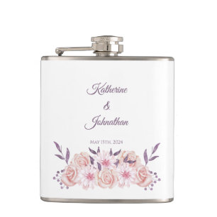 Watercolor Pink Flowers-Wedding- Hip Flask