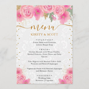 Watercolor Pink Flowers Wedding Menu