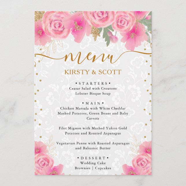 Watercolor Pink Flowers Wedding  Menu (Front)