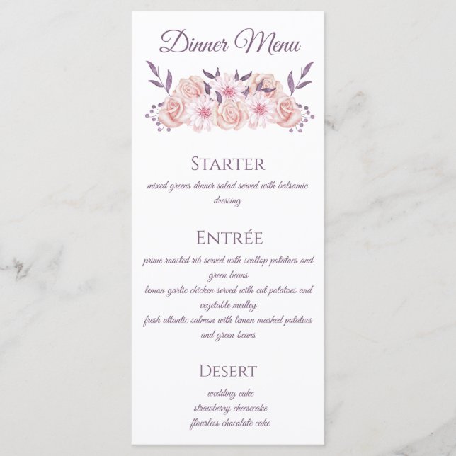 Watercolor Pink Flowers-Wedding Menu- Menu (Front)