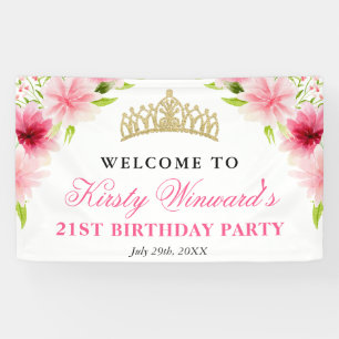 Watercolor Pink Flowers Welcome Birthday Party Banner