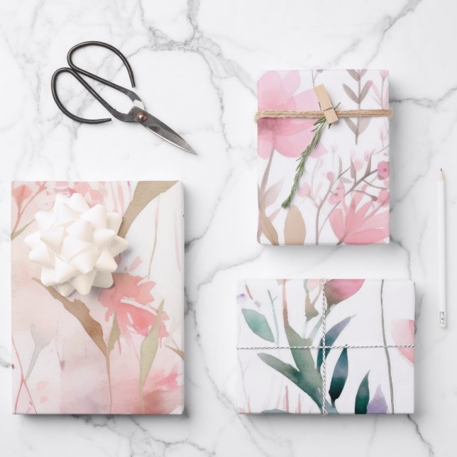 Watercolor Pink Flowers Wrapping Paper Sheet (Front)