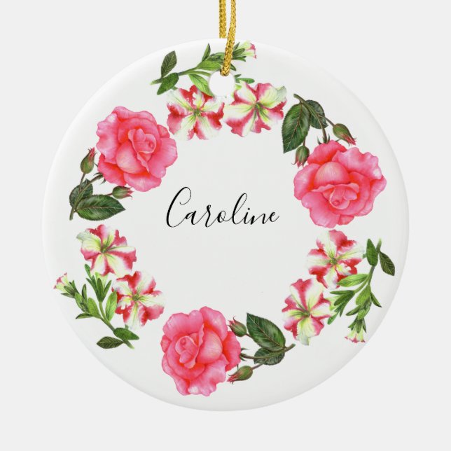 Watercolor Pink Flowers Wreath Circle Ceramic Ornament (Front)