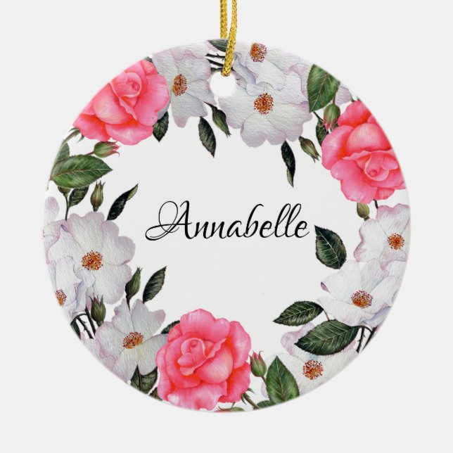 Watercolor Pink Flowers Wreath Circle Ceramic Ornament (Front)