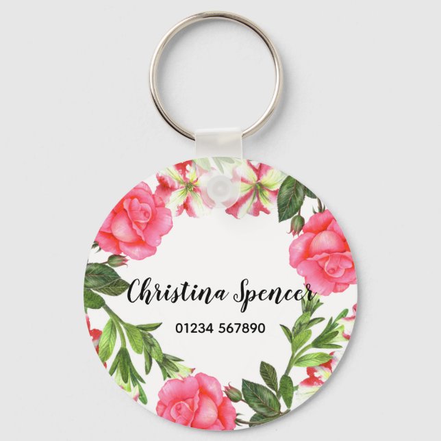 Watercolor Pink Flowers Wreath Circle Keychain (Front)