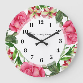 Watercolor Pink Flowers Wreath Circle Large Clock