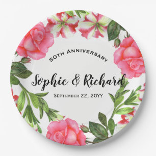 Watercolor Pink Flowers Wreath Circle Paper Plate