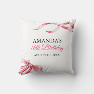Watercolor Pink Flowing Ribbon Sweet 16 Birthday Throw Pillow