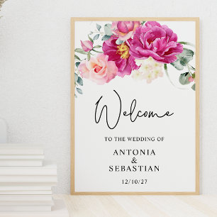 Watercolor Pink Fuchsia floral Welcome Wedding Poster