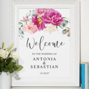 Watercolor Pink Fuchsia floral Welcome Wedding Poster