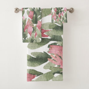 Watercolor pink gable green abstract cactus floral bath towel set
