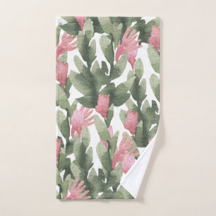Watercolor pink gable green abstract cactus floral hand towel