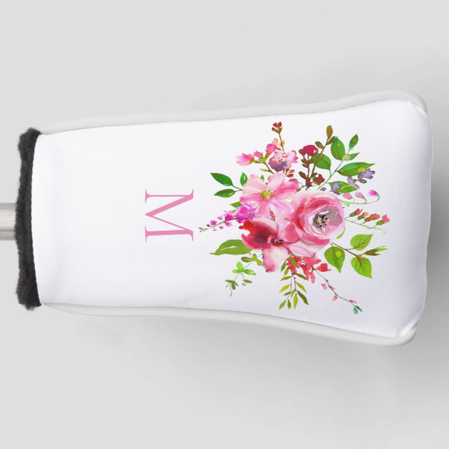 Watercolor Pink Garden Floral Monogram Golf Head Cover (Front)