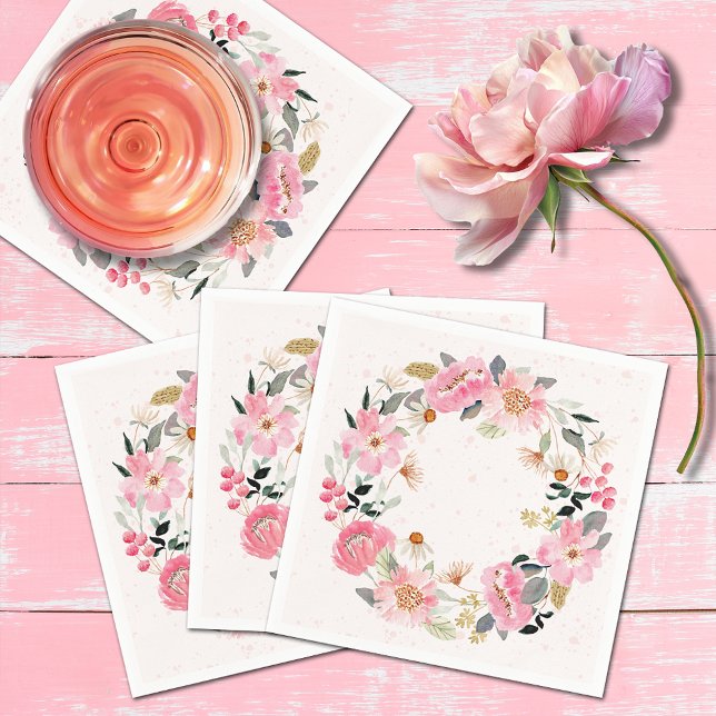Watercolor Pink Garden Flowers Napkin (Watercolor pink garden flowers bridal shower napkins)