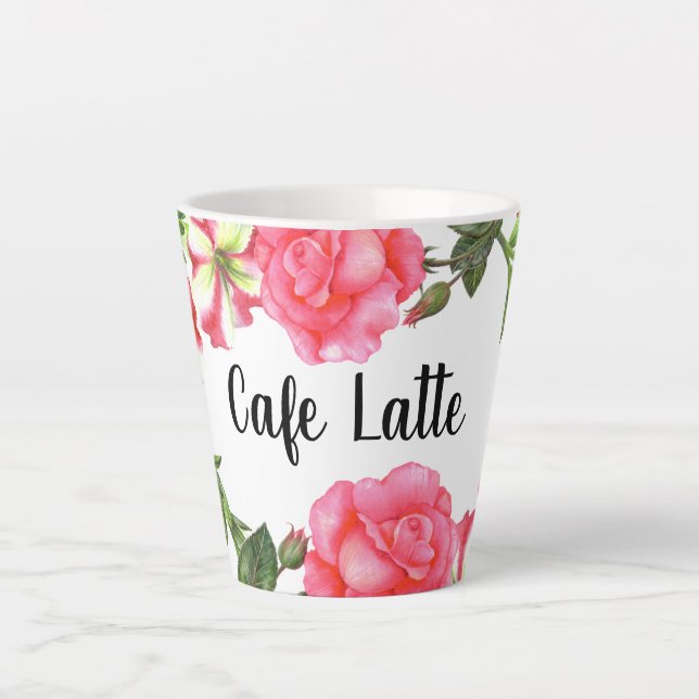 Watercolor Pink Garden Flowers Wreath Design Latte Mug (Front)