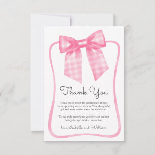Watercolor Pink Gingham Bow Baby Shower Thank You Card