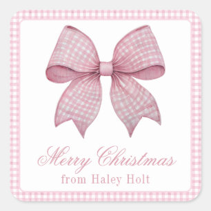 Watercolor Pink Gingham Bow Square Sticker