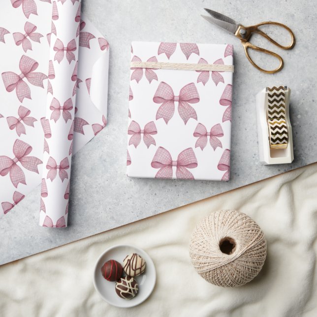 Watercolor Pink Gingham Bow Wrapping Paper (Crafts)
