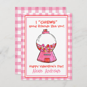 Watercolor Pink Gingham Gumballs Valentine's Cards