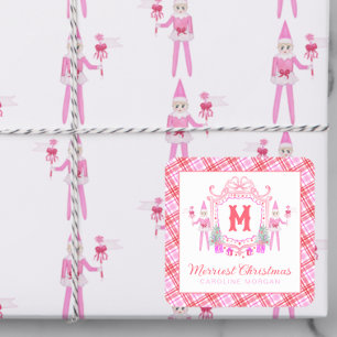 Watercolor Pink Girl Elf Monogram Crest Address Square Sticker