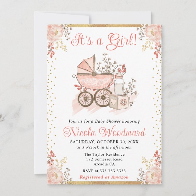 Watercolor Pink Girl Toys and Pram Baby Shower Invitation (Front)