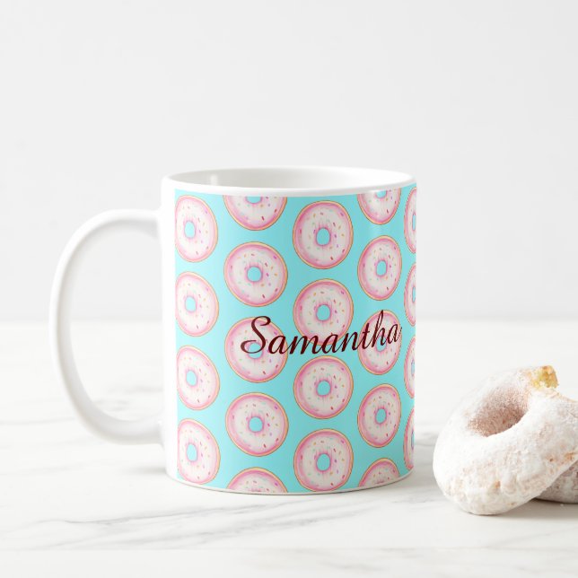 Watercolor Pink Glazed Sprinkle Doughnuts Coffee Mug (With Donut)