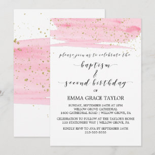 Watercolor Pink & Gold Baptism & 2nd Birthday Invitation