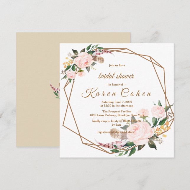 Watercolor Pink Gold Boho Floral Bridal Shower Invitation (Front/Back)