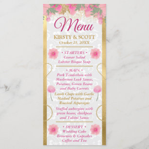 Watercolor Pink  & Gold Flowers Wedding Menu