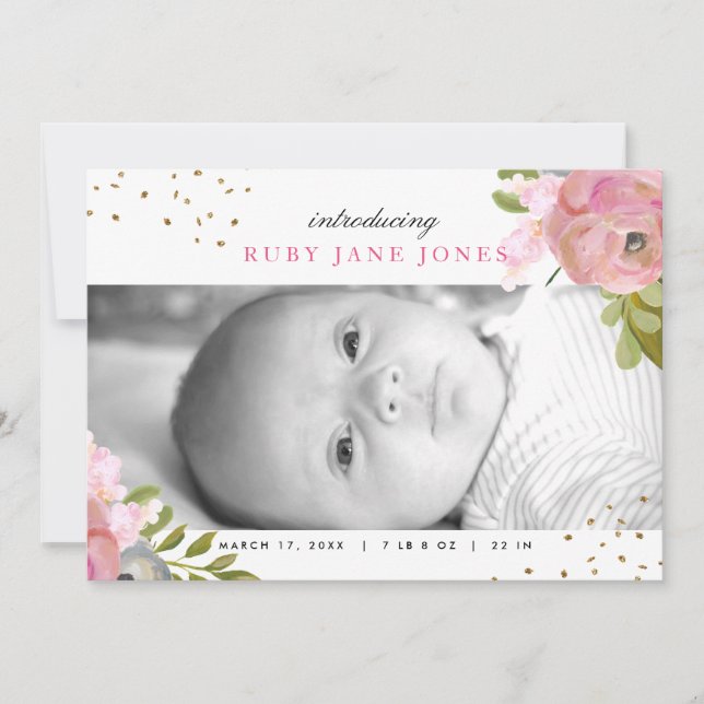 Watercolor Pink Gold Glitter Birth Announcement (Front)