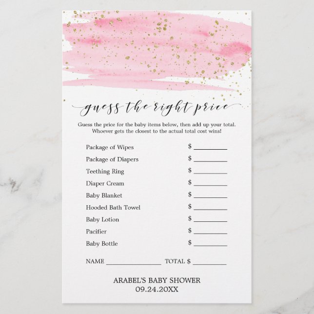 Watercolor Pink & Gold Guess The Right Price Game Flyer (Front)