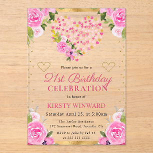 Watercolor Pink Gold Hearts Flowers 21st Birthday Acrylic Invitations