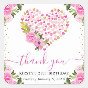 Watercolor Pink Gold Hearts Flowers 21st Birthday Square Sticker