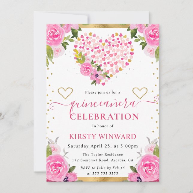 Watercolor Pink Gold Hearts Flowers Quinceanera Invitation (Front)