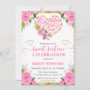 Watercolor Pink Gold Hearts Flowers Sweet 16 Invitation