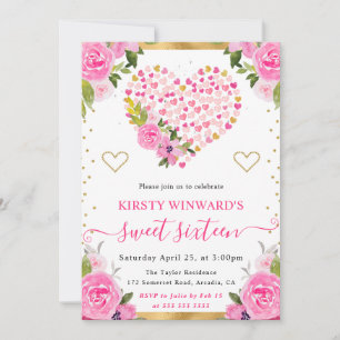 Watercolor Pink Gold Hearts Flowers Sweet 16 Invitation