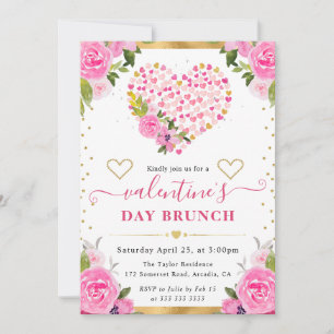 Watercolor Pink & Gold Hearts Flowers Valentine's Invitation