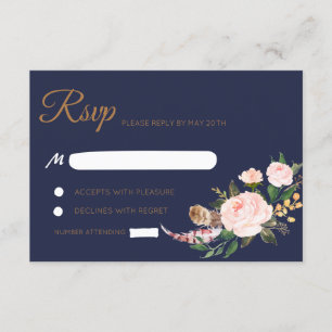 Watercolor Pink Gold Navy Boho Floral Wedding RSVP Card