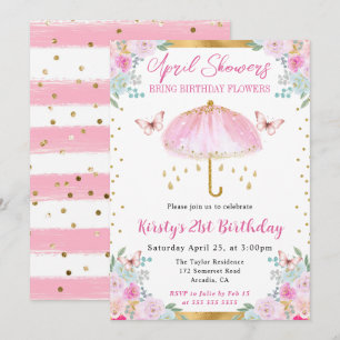 Watercolor Pink Gold Spring Umbrella 21st Birthday Invitation