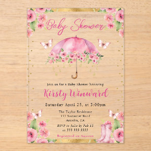 Watercolor Pink Gold Spring Umbrella Baby Shower Acrylic Invitations
