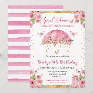 Watercolor Pink Gold Spring Umbrella Kids Birthday Invitation