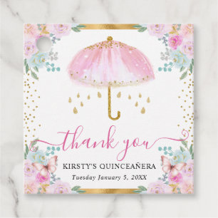 Watercolor Pink & Gold Spring Umbrella Quinceanera Favour Tags