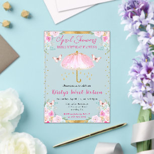 Watercolor Pink Gold Spring Umbrella Sweet Sixteen Acrylic Invitations
