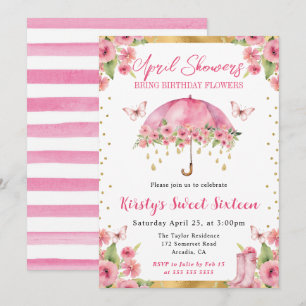 Watercolor Pink Gold Spring Umbrella Sweet Sixteen Invitation